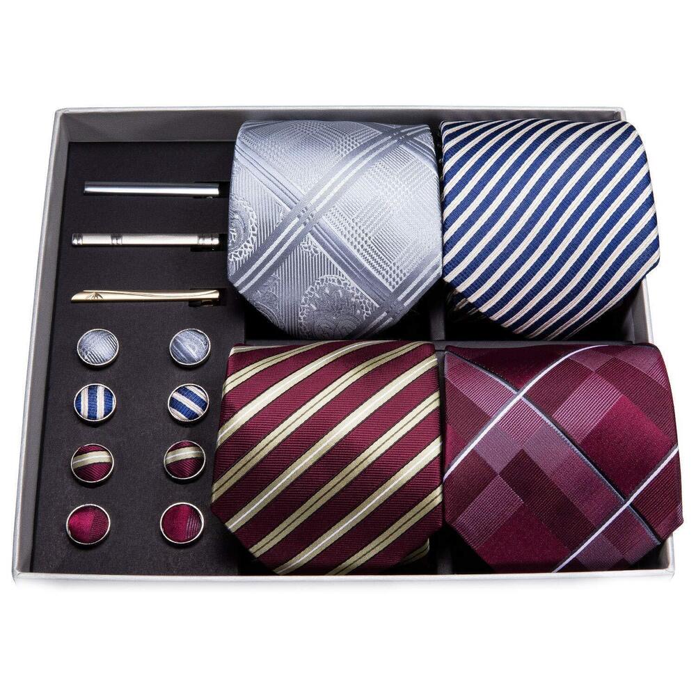7495 Grey Red Ties Set Silk Necktie Pocket Square and Tie Clips Cufflinks